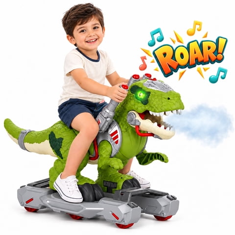 JoyStone Dinosaur Ride On Toy Cars for Kids, Foot-to-Floor Kids Ride On Toy with Music, Lights & Mist Spray, Smooth Sliding Wheels for Indoor Outdoor Play, Gift for Boys Age 3-5, Green