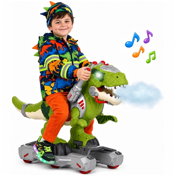 JoyStone Dinosaur Ride On Toy Cars for Kids, Foot-to-Floor Kids Ride On Toy with Music, Lights & Mist Spray, Smooth Sliding Wheels for Indoor Outdoor Play, Gift for Boys Age 3-5, Green