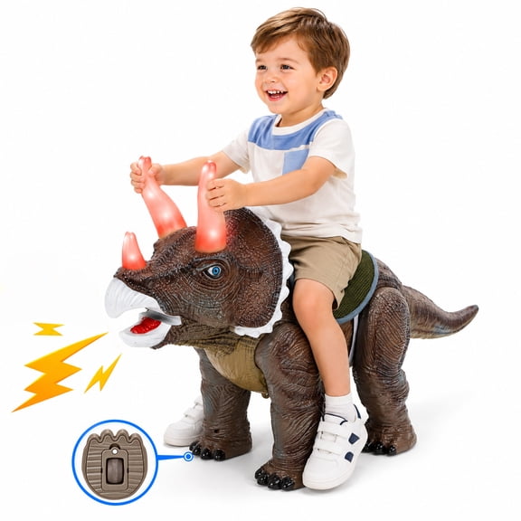 JoyStone Dinosaur Ride On Toy for Toddlers, Triceratops Ride-On Push Car with Sound and Light, 4-Wheel Ride On with Traction Rope, Indoor Outdoor Toddler Toy Gift