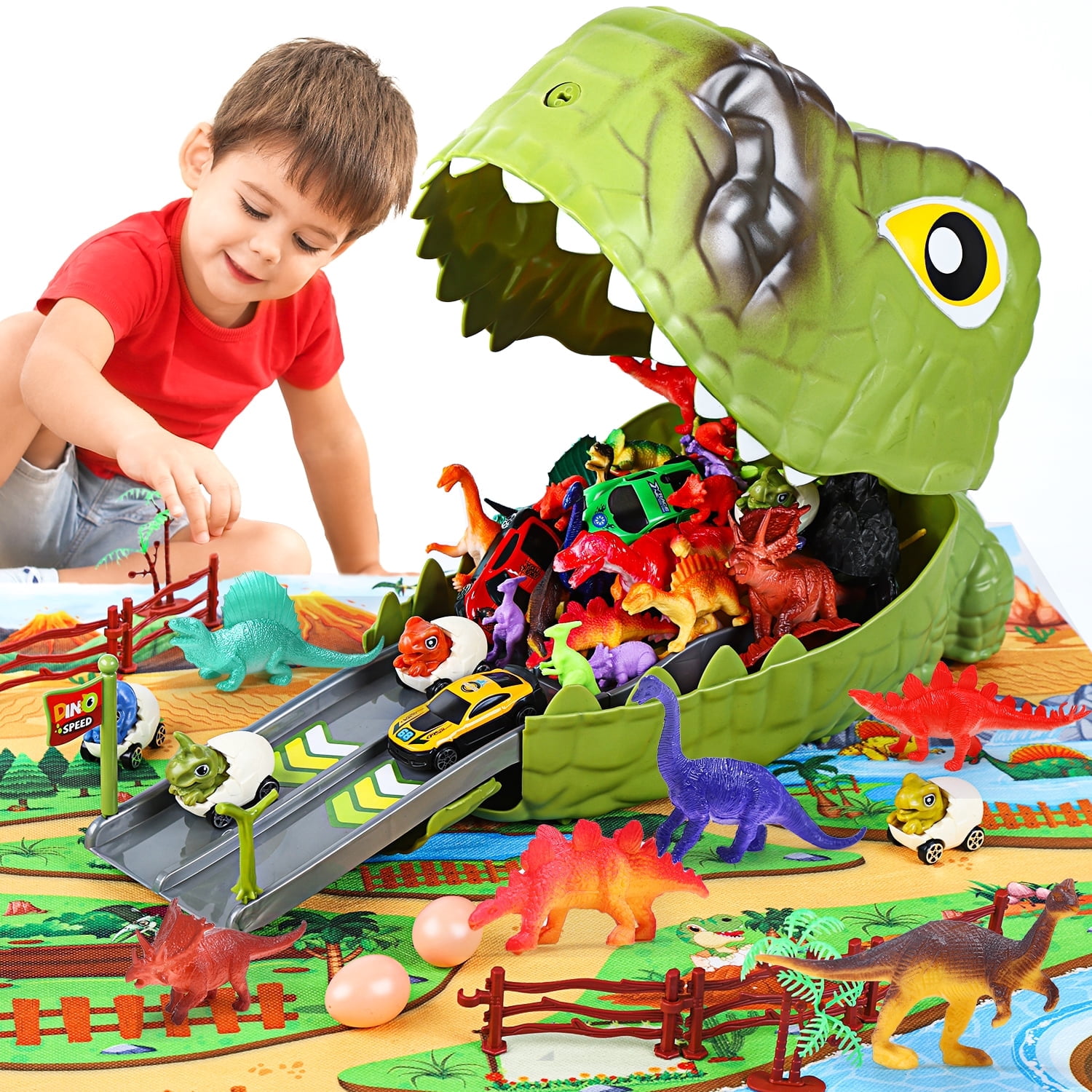 JoyStone JoyStone Dinosaur Toys for Kids, 77PCS Dinosaur Carrier Track Toys, Realistic Dino Figures Set with Eggs&Trees&Fence Playset, Great Gift for Toddler Boys & Girls, Light Green