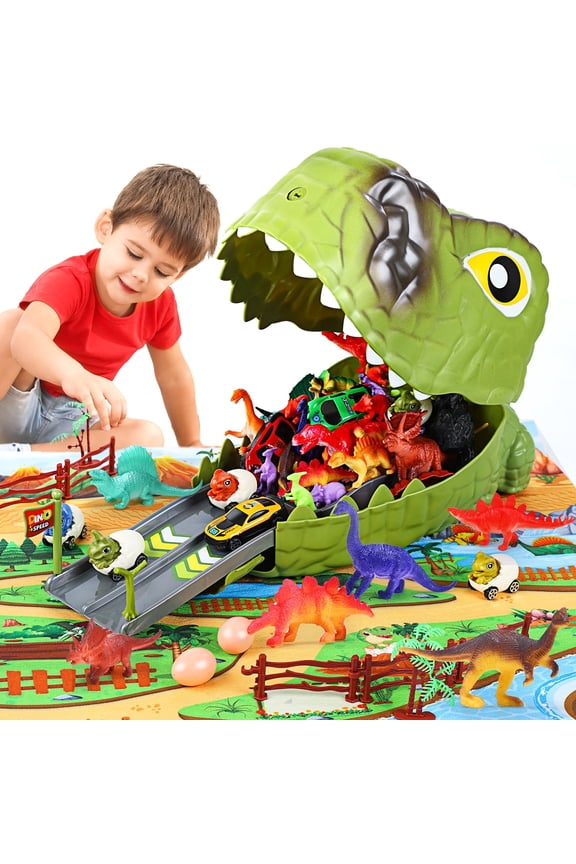 Dinosaur Toys for Kids, 77PCS Dinosaur Carrier Track Toys, Realistic Dino Figures Set with Eggs&Trees&Fence Playset, Great Gift for Toddler Boys & Girls, Light Green