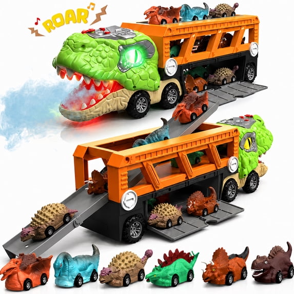 JoyStone Dinosaur Truck Toy, 17 Inch Transport Carrier with Lights, Sounds & Mist Spray, Includes 6 Dinosaur Cars, Gift for Kids Ages 3-7