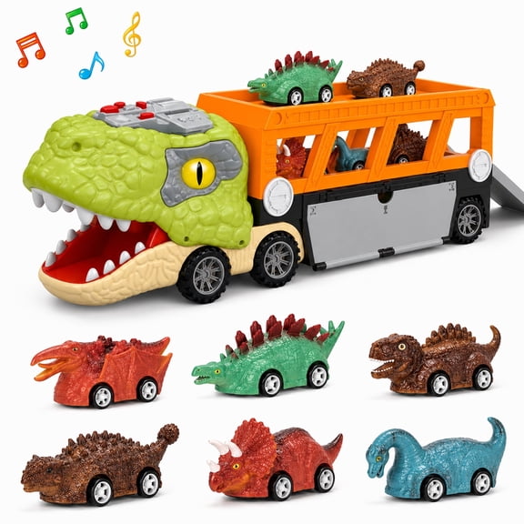 JoyStone Dinosaur Truck Toy, 17 Inch Transport Carrier with Lights, Sounds & Mist Spray, Includes 6 Dinosaur Cars, Gift for Kids Ages 3-7