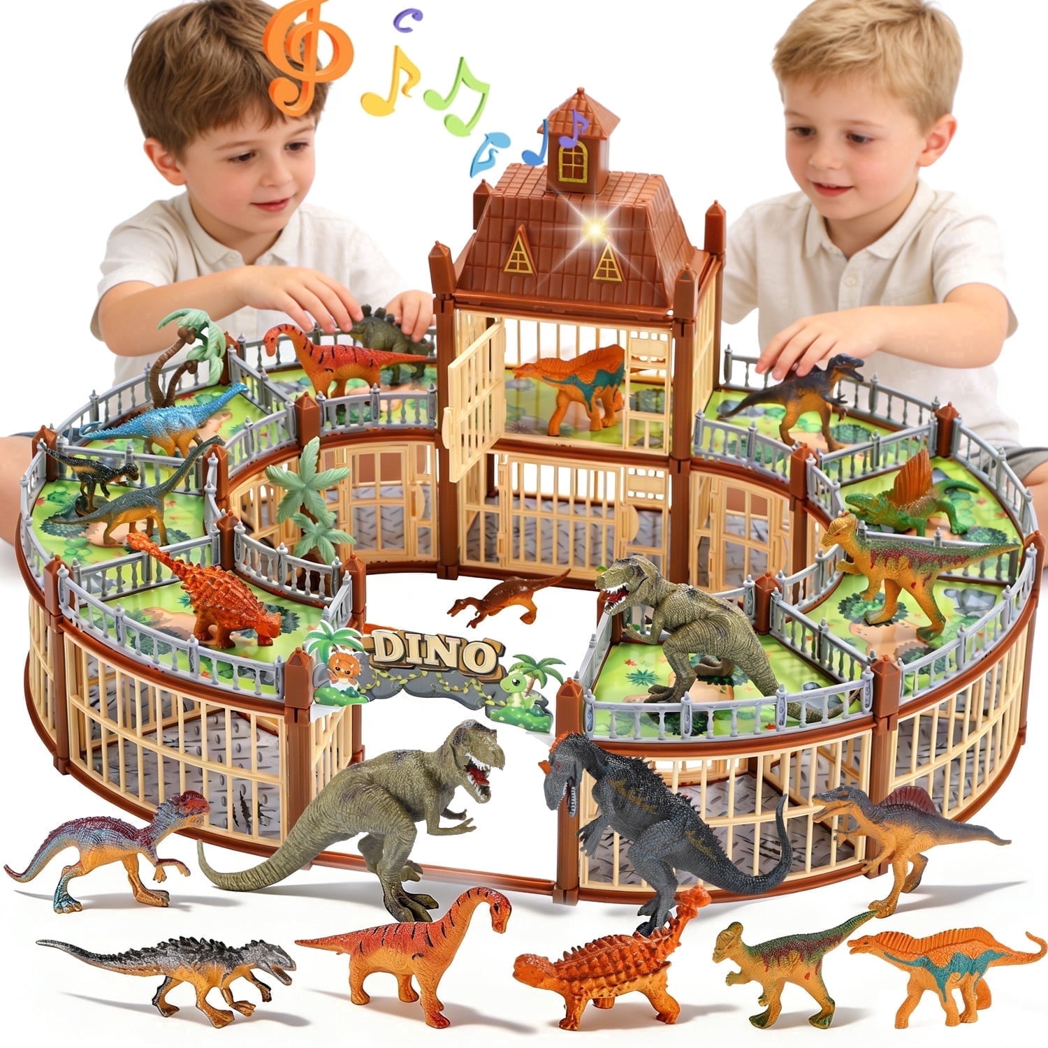 JoyStone JoyStone 215PCS Dollhouse Playset with Lights & Music, Dinosaur Park Toy Set with Arena, 18 Dinosaurs & Trees, Brown