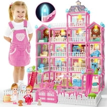 JoyStone Doll House for Girls, 5-Story 19 Rooms Huge Dollhouse Playset with LED Lights, 2 Dolls, Furnitures, Accessories, DIY Pretend Play Dreamhouse Toys Gifts for Kids, Pink