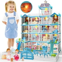 JoyStone Doll House for Girls, 5-Story 19 Rooms Huge Dollhouse Playset with LED Lights, 2 Dolls, Furnitures, Accessories, DIY Pretend Play Dreamhouse Toys Gifts for Kids, Blue