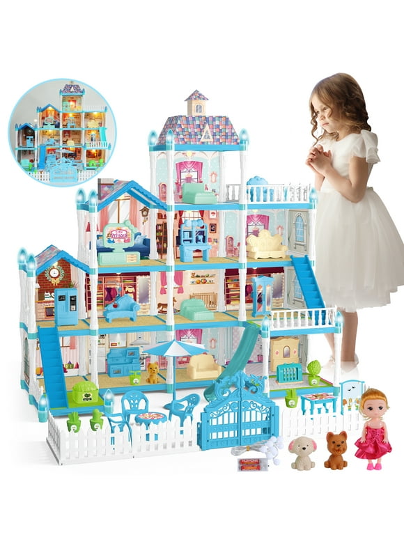 JoyStone Doll House for Girls, 4-Story Dollhouse Dreamhouse Playset with LED Lights & Dolls, Pretend Play Toys Gifts for Kids, Blue