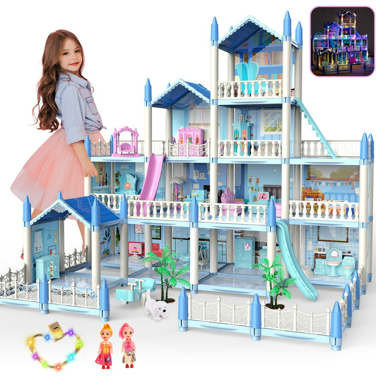 JoyStone DollHouse with Colorful Light, Pretend Play Toddler Doll House  Furniture Sets with 2 Dolls, 14 Rooms DIY Dreamhouse , Creative Gift for  Girls, Blue 