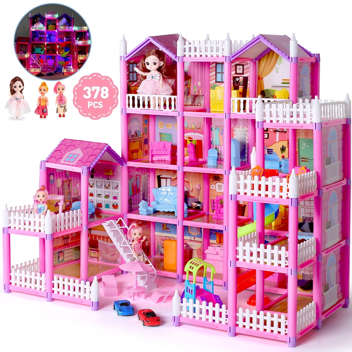 JoyStone DollHouse with Colorful Light, Pretend Play Toddler Doll House Furniture Sets with 2 Dolls, 22 Rooms DIY house, Creative Gift for Girls, Purple