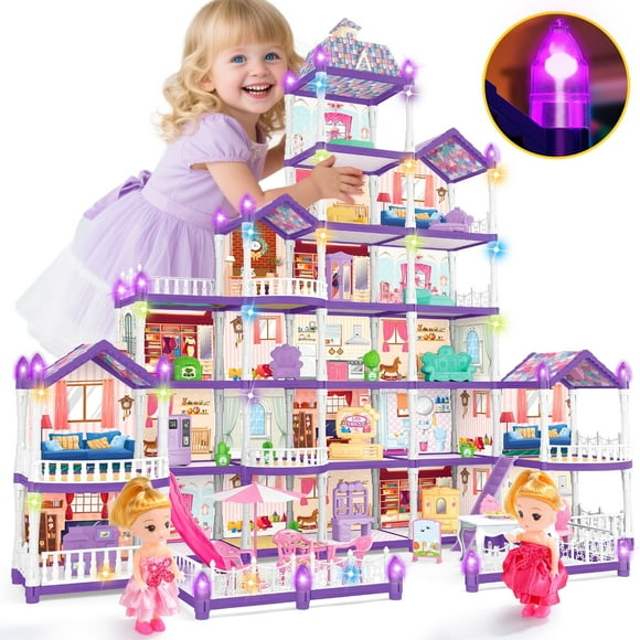 JoyStone DollHouse with Colorful Light, Pretend Play Toddler Doll House Furniture Sets with 2 Dolls, 22 Rooms DIY house, Creative Gift for Girls, Purple