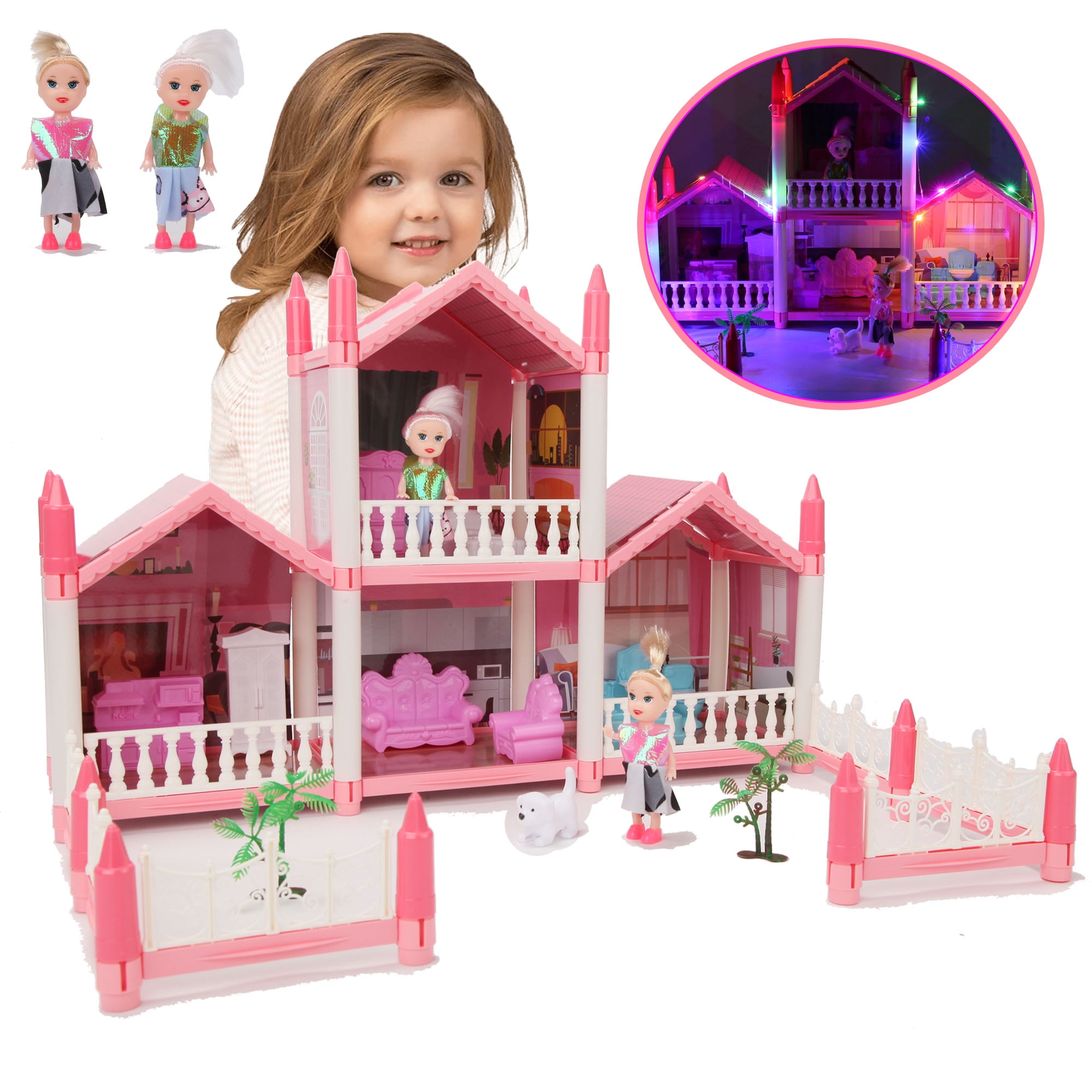 Wisairt Doll House for Girls, DIY Dollhouses Set with 6 Rooms 3 Terraces,  20Pcs Pretend Play House Accessories for Kids Gifts Ages 4-8, Pink 