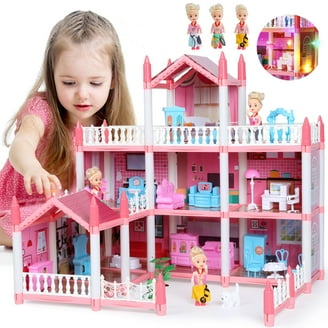 Gymax 28'' Pink Play Dollhouse Set for Kids, 3 Levels, Rooms