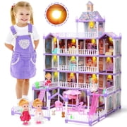 JoyStone Dollhouse for Girls, 19 Rooms Huge Dollhouse Playset with LED Lights, 2 Dolls, Furnitures, Accessories, DIY Pretend Play House Toys Gifts for Kids, Purple