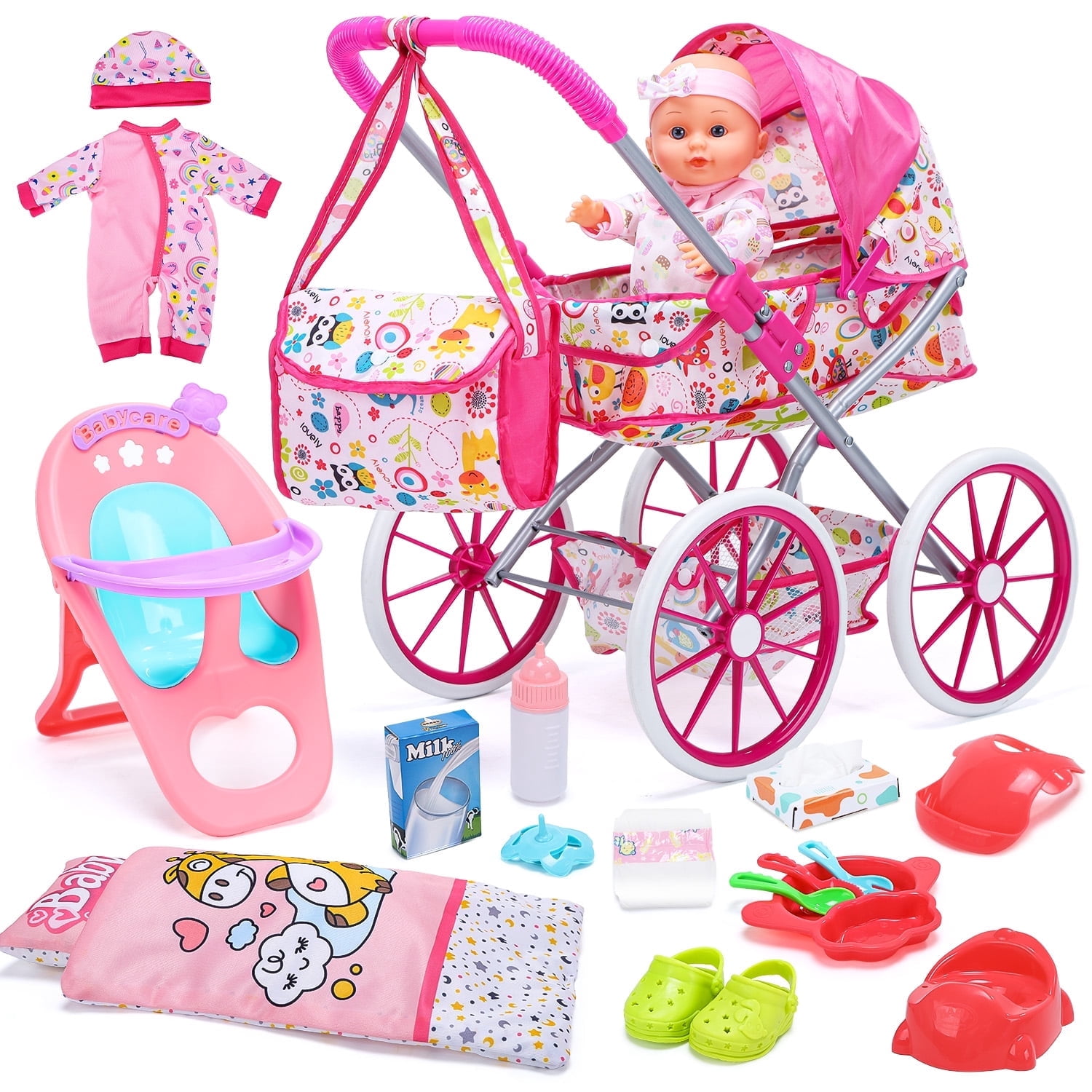 JoyStone JoyStone Baby Doll Stroller Set Toys for Girls Toddler, Baby Doll Accessories and 2 Sets Doll Clothes for Realistic Pretend Play