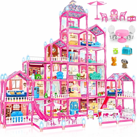JoyStone Large Doll House for Girls, 22 Rooms DIY Playset with Furniture, Dolls, Warm String Lights and Slide, Creative Pretend Play Castle Toy Birthday Gift for Kids Ages 3+