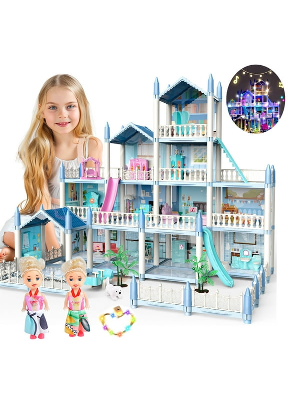JoyStone Dollhouse with Colorful Light, Pretend Play 14 Rooms DIY Dreamhouse, Kids Doll House with 2 Dolls,  Creative Gift for Girls, Blue