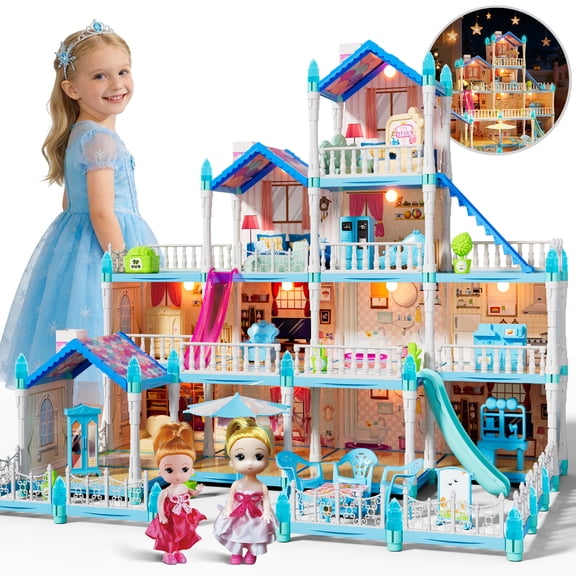 JoyStone Dollhouse with Warm Light, Pretend Play 14 Rooms DIY Playhouse, Kids Doll House with 2 Dolls, Creative Gift for Girls, Blue