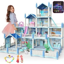 JoyStone Dollhouse with Colorful Light, Pretend Play 14 Rooms DIY Playhouse, Kids Doll House with 2 Dolls, Creative Gift for Girls, Blue