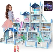 JoyStone Dollhouse with Colorful Light, Pretend Play 14 Rooms DIY Playhouse, Kids Doll House with 2 Dolls, Creative Gift for Girls, Blue