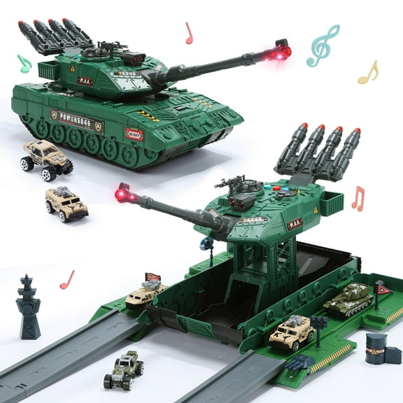 JoyStone Double Track Tank Toy Playset, Army Green Toy Tank with Lift Function, 6PCS Alloy Die-Cast Toy Vehicles, Lights & Music, Gift for Boys & Girls Ages 3-8
