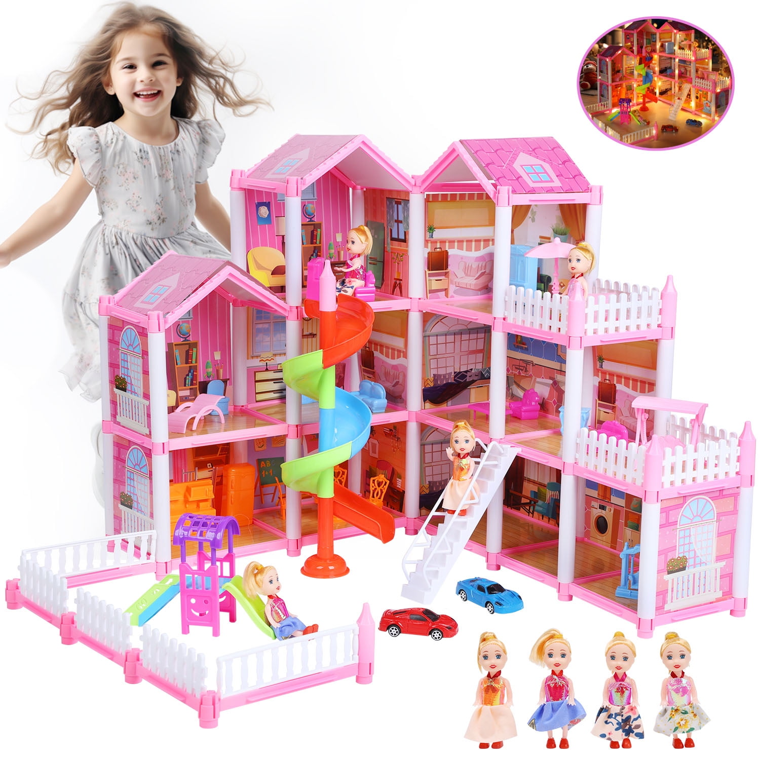 JoyStone Dollhouse 5 Rooms with 2 Dolls Playset with Play Mat, Furniture&Light Strip, Gift Toy for Kids Ages 3-8