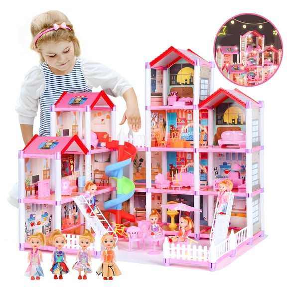 JoyStone Dream Dollhouse, 14 Rooms Playhouse with 4 Dolls Playset with Furniture&Light Strip& Rotating Slide, Gift Toy for Kids Ages 3-8