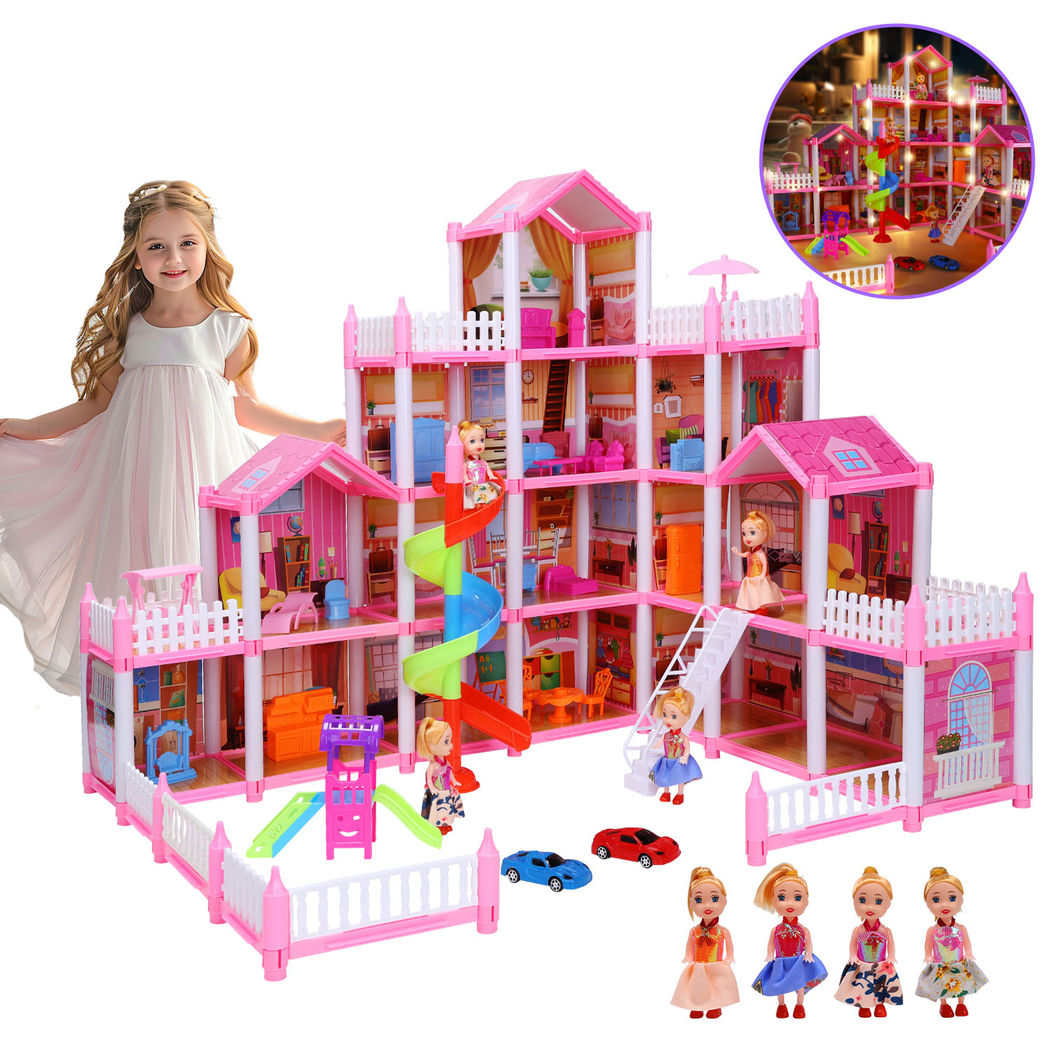 JoyStone Dream Dollhouse, 16 Rooms Playhouse with 4 Dolls Playset with Furniture&Light Strip& Rotating Slide, Gift Toy for Kids Ages 3-8 - image 1 of 9