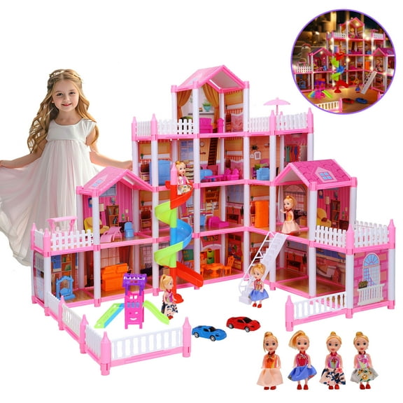 JoyStone Dream Dollhouse, 16 Rooms Playhouse with 4 Dolls Playset with Furniture&Light Strip& Rotating Slide, Gift Toy for Kids Ages 3-8