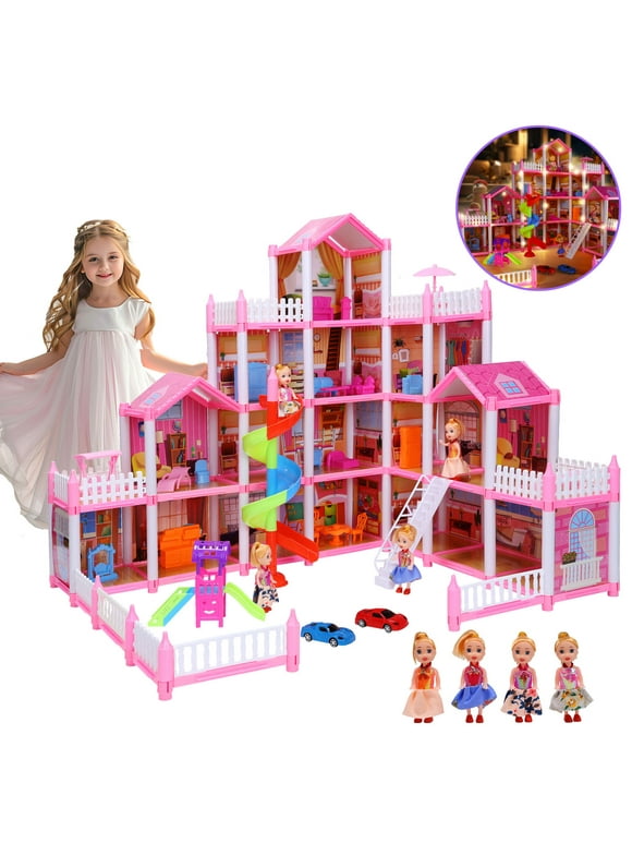 JoyStone Dream Dollhouse, 16 Rooms Playhouse with 4 Dolls Playset with Furniture&Light Strip& Rotating Slide, Gift Toy for Kids Ages 3-8