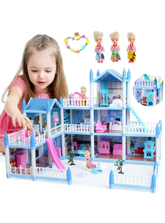 JoyStone Dream Dollhouse 3 Story 9 Rooms Blue DIY Pretend Play Building Playset, Princess Dream House Asseccories and Furniture,Gift for 6-9 Girls Toddler