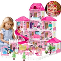 JoyStone Dream Dollhouse with Lights, 4-Story 12 Rooms Huge Doll House with 4 Dolls Toy Figures, Fully Furnished Pretend Playhouse Gifts for Girls Ages 3+, Pink