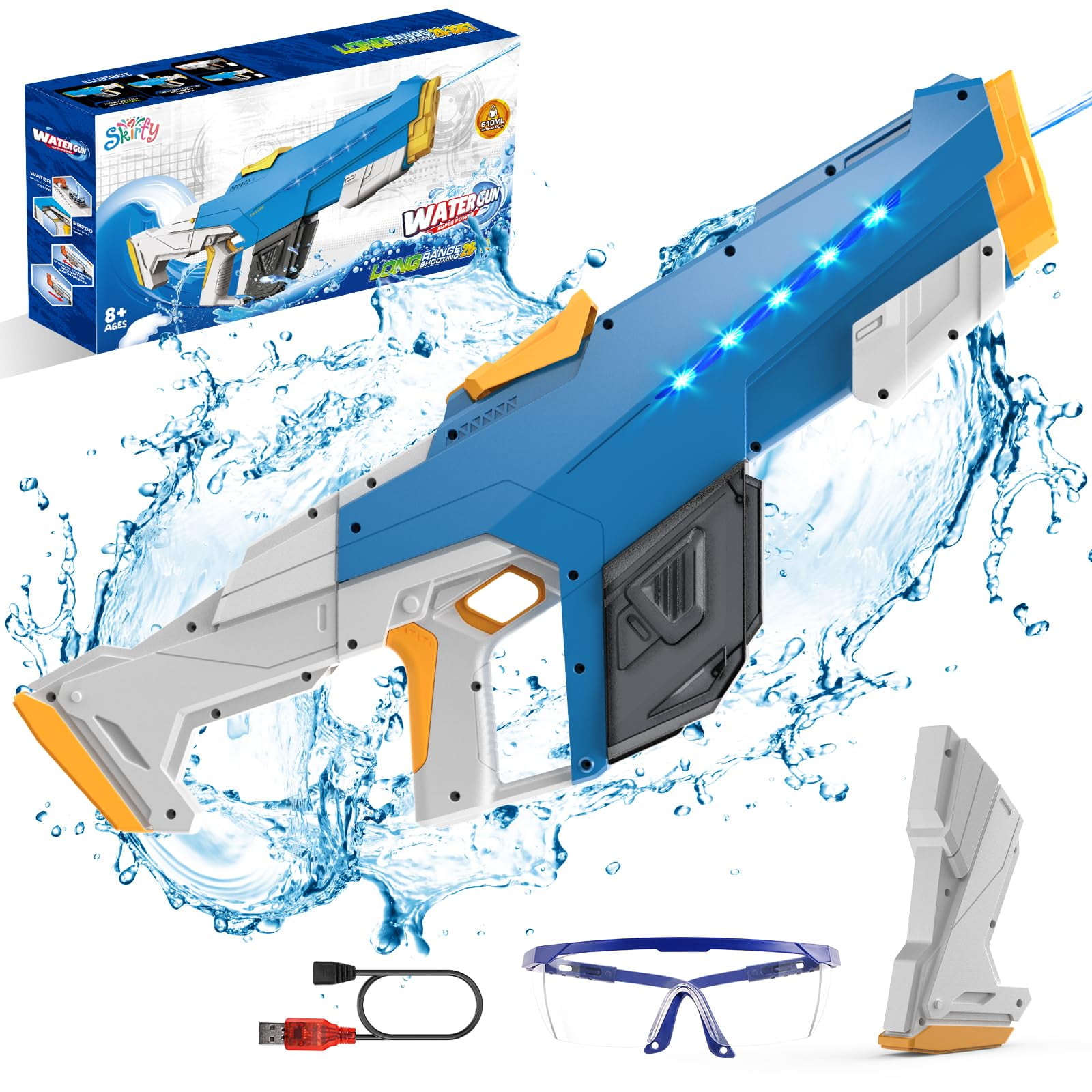 JoyStone Electric Water Blaster with Light, Automatic Manual Suction 2-in-1 Water Blaster for Adult Kids, Squirt Blaster 39 Ft Range, Pool Beach Outdoor Party Toys, Blue