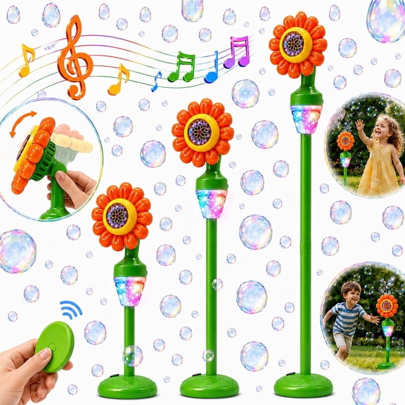 JoyStone Sunflower Bubble Machine with Remote Control, Light Up & Music Bubble Blower, Adjustable Height, Outdoor Lawn Stake or Stand, Orange, Ages 3+