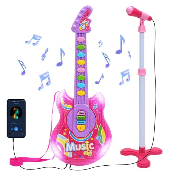 JoyStone Guitar and Microphone Set for Kids with Music & Colorful Light, Adjustable Height Microphone with Stand, Guitar Toys for Boys and Girls, Pink