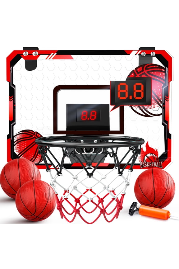 Indoor Basketball Hoop for Kids, Mini Basketball Hoop with Electronic Scoreboard & Sounds, Over The Door Basketball Hoop 3 Balls for Kids & Adults, Red
