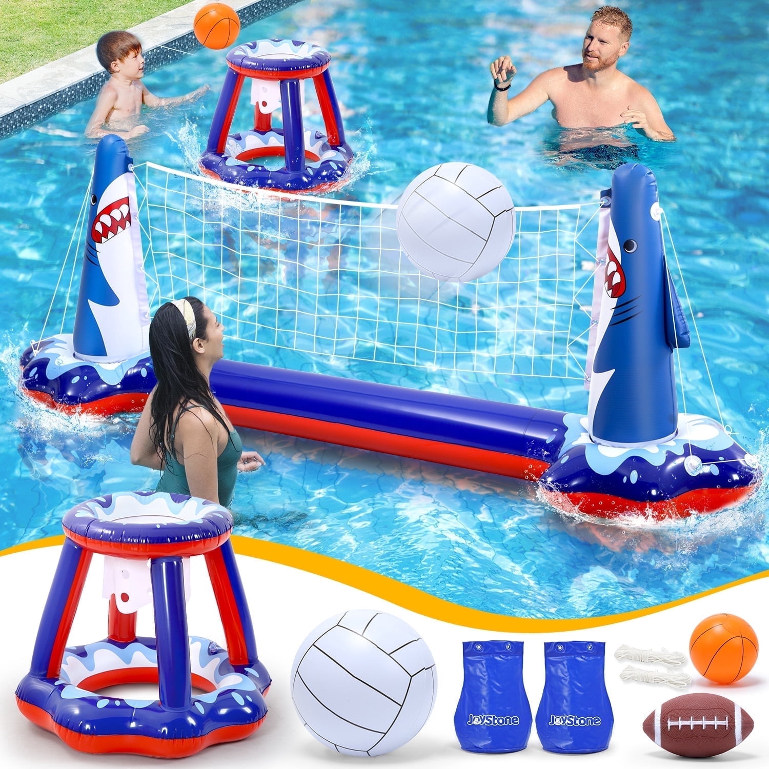 JoyStone Inflatable Pool Toys, 2-in-1 Swimming Pool Basketball & Volleyball Sets, Floating Basketball Hoop and Water Football, Summer Pool Game for Kids and Adults(Upgraded)