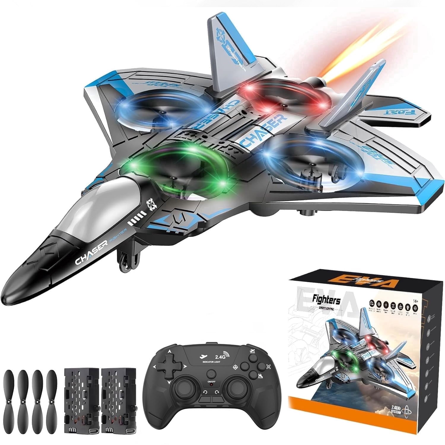 JoyStone Foam Remote Control Airplane, Jet Fighter RC Plane Stunt Drone Toy with LED Lights & 360° Spin, Easy to Fly RC Glider for Kids Adults, Blue