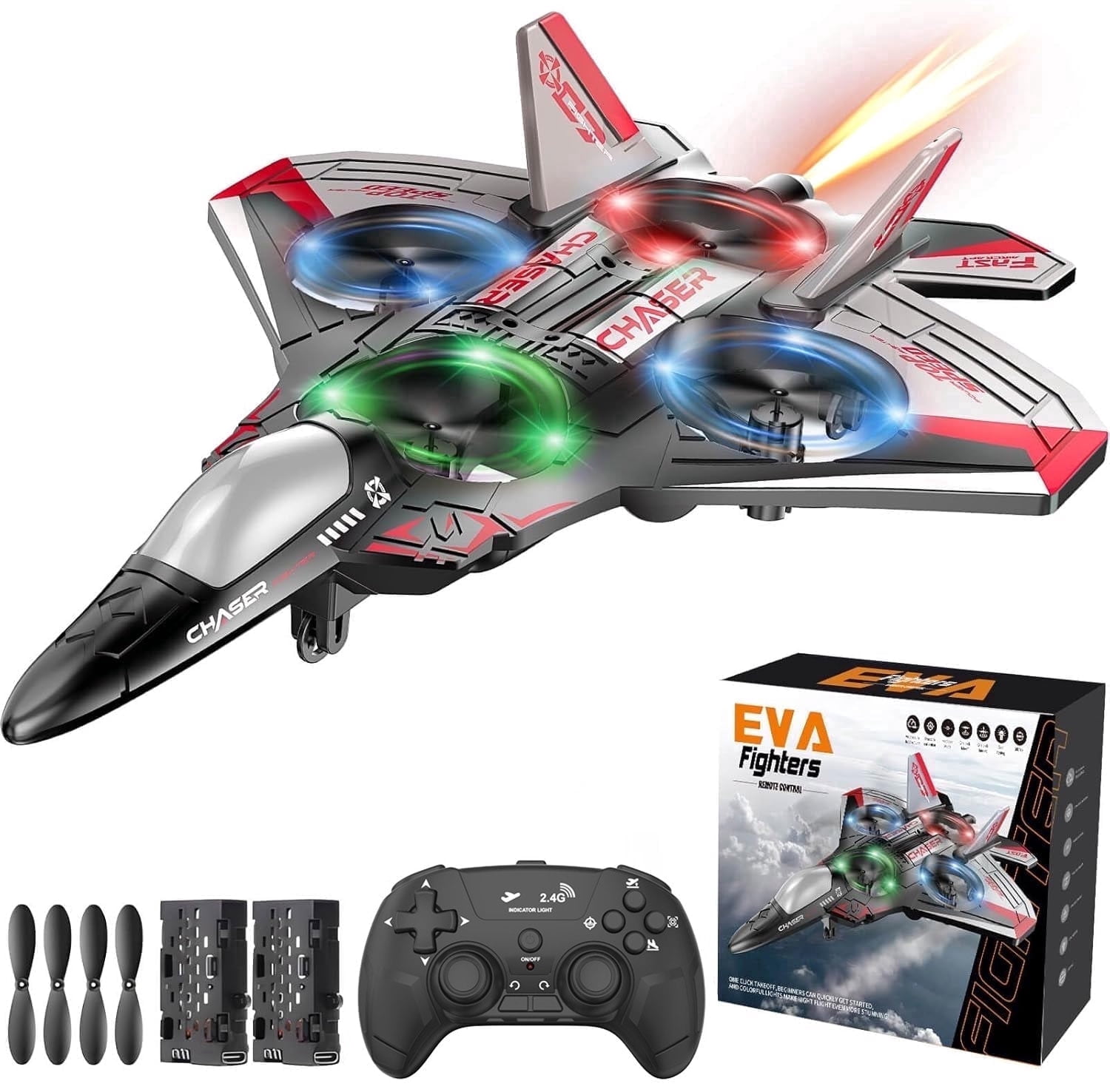 JoyStone Foam Remote Control Airplane, Jet Fighter RC Plane Stunt Drone Toy with LED Lights & 360° Spin, Easy to Fly RC Glider for Kids Adults, Red