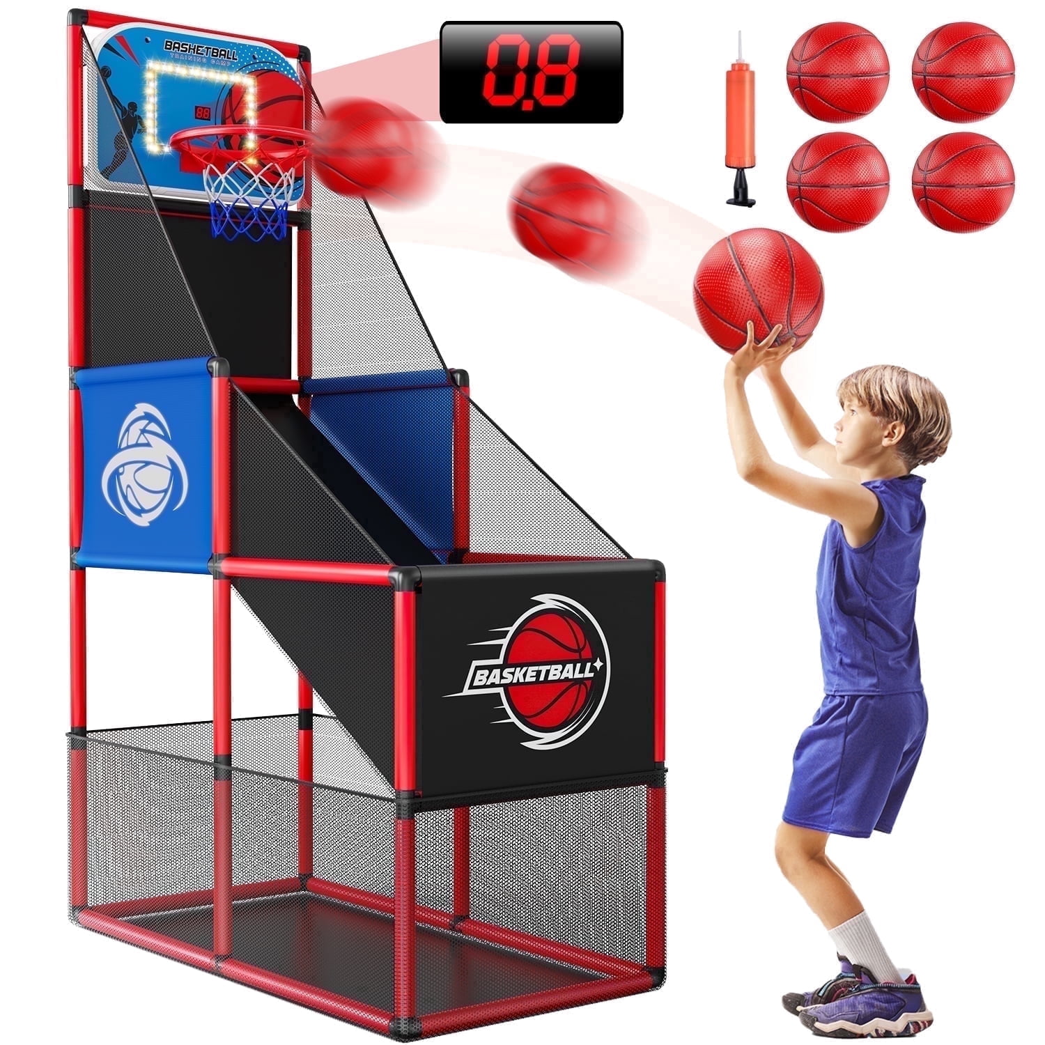 JoyStone JoyStone Kids Arcade Basketball Game With Electronic Scoreboard and LED Lights, Indoor/Outdoor Basketball Hoop With 4 Balls, Basketball Game Toys Gifts for Boys and Girls (Red)