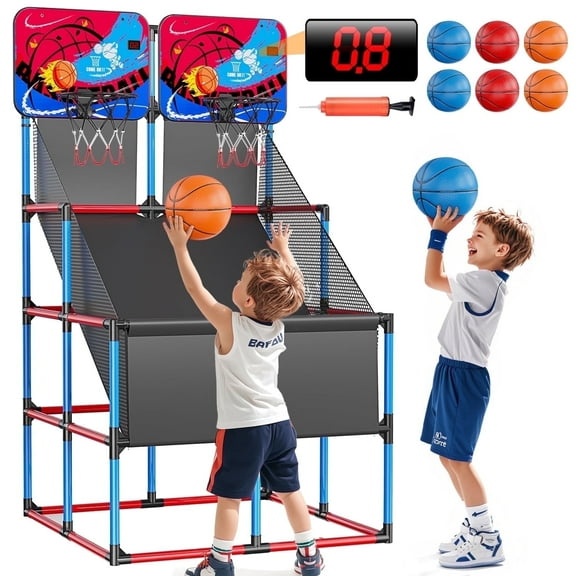 JoyStone Kids Basketball Arcade Game With LED Scoring and Sounds, Dual Shot Basketball Game for 2 Players with 6 Balls, Indoor Outdoor Basketball Toy Set for Toddlers