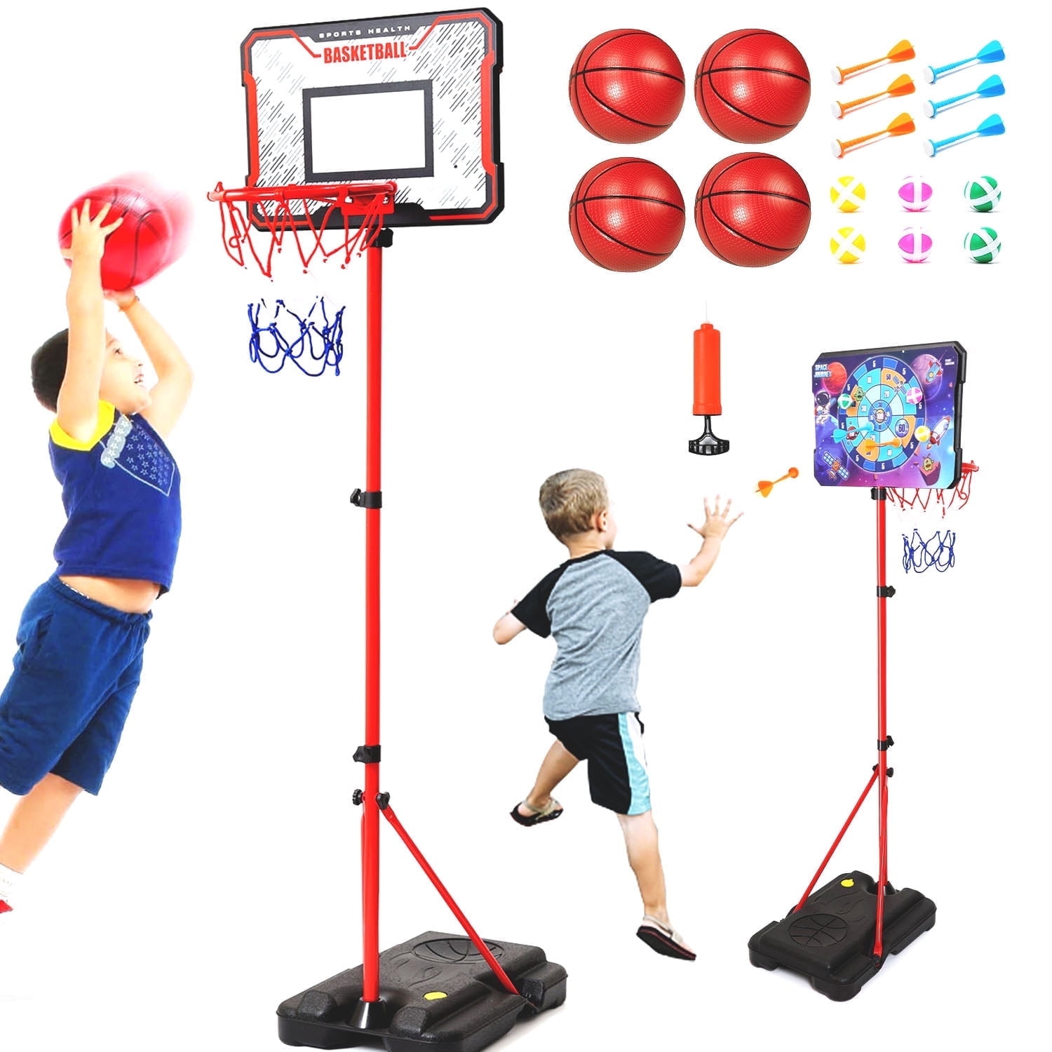 JoyStone Kids Basketball Hoop, 2-in-1 Toddler Basketball Goal with Dart Board & 4 Balls, Adjustable Height 2.9ft-6.2ft, Outdoor Basketball Toy Gifts for 3-12 Year Old Boys Girls