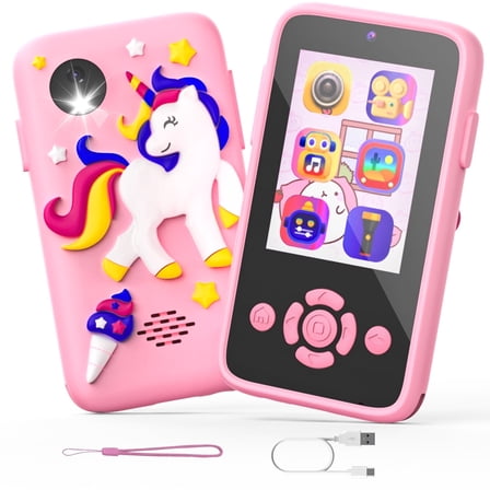 JoyStone Kids Button Smart Phone Toys for Kids, Play Toy Phone with Music Player Dual Camera Puzzle Games, Toddler Learning Toys for 3-8 Year Old, Birthday, Kids Trip Activities, Pink