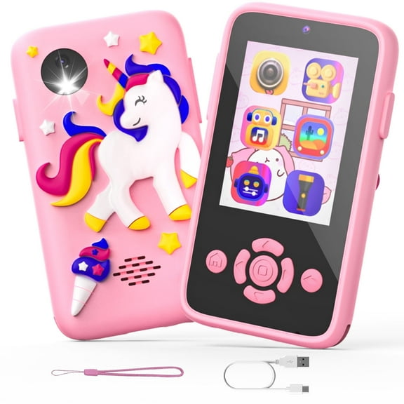 JoyStone Kids Button Smart Phone Toys for Kids, Play Toy Phone with Music Player Dual Camera Puzzle Games, Toddler Learning Toys for 3-8 Year Old, Birthday, Kids Trip Activities, Pink