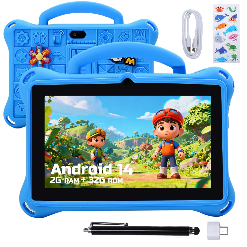 JoyStone JoyStone Kids Tablet 7 inch Android 14, 2GB RAM+32GB ROM, Fun Cartoon Case, Parental Control, Dual Camera, WiFi Bluetooth, Educational Tablet for Toddlers, Blue