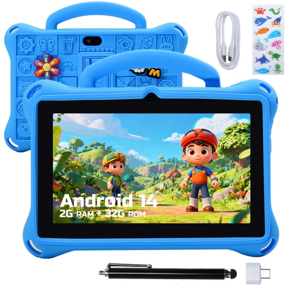 JoyStone Kids Tablet 7 inch Android 14, 2GB RAM+32GB ROM, Fun Cartoon Case, Parental Control, Dual Camera, WiFi Bluetooth, Educational Tablet for Toddlers, Blue