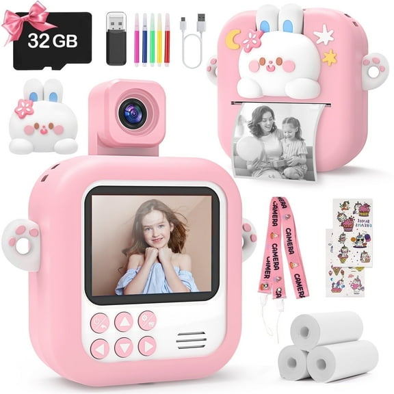 JoyStone Kids Camera Instant Print, Kids Digital Camera with Printing Paper and 32G TF Card, Gift for Girls and Boys Aged 3-12, Pink