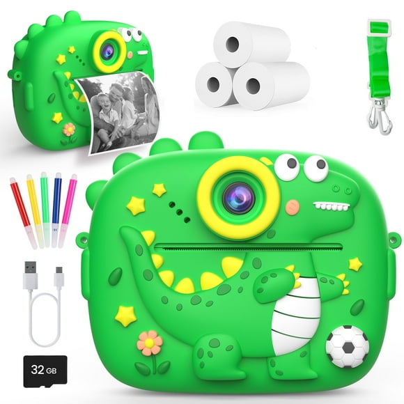 JoyStone Kids Camera Instant Print, Kids Digital Dinosaur Camera with Printing Paper and 32G TF Card, Gift for Girls and Boys Aged 3-12, Green