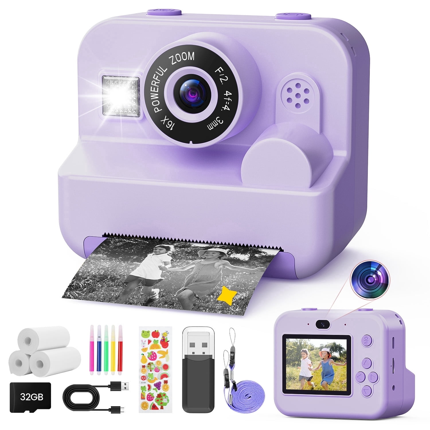 JoyStone JoyStone Kids Instant Print Camera with 32G TF Card and Printing Paper, Purple, Gift for Girls and Boys Ages 3-12