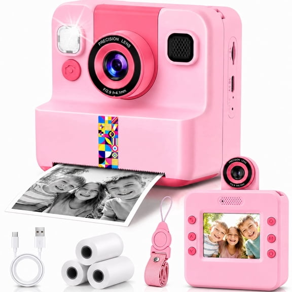 JoyStone Kids Instant Print Camera, Digital Camera for Kids with 180° Flip Lens, 2.4” Screen, 3 Paper Rolls, Birthday Gift for Kids, Pink