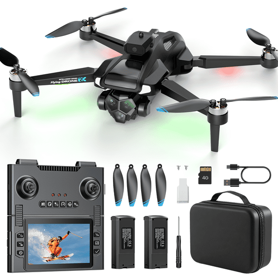 JoyStone FPV Drone with 1080P HD Camera for Beginner, Foldable RC Quadcopter with 4.3" HD LCD RC Screen, SD Card, 5G WiFi, Brushless Motor, Optical Flow, 2 Batteries, Black